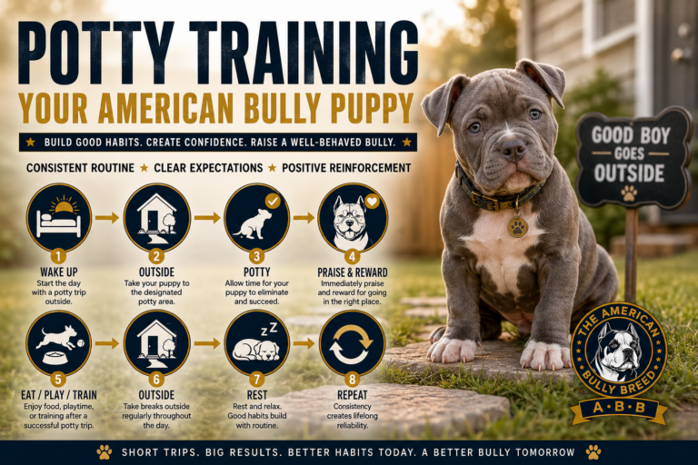 American Bully puppy potty training guide showing a consistent routine for outdoor potty breaks, praise, rewards, play, rest, and repetition.